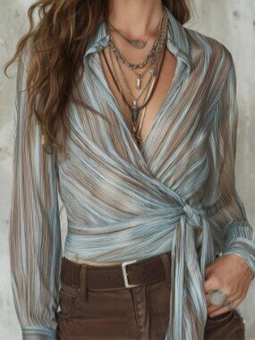 Blue Casual Women's Elegant Side Tie Striped Long Sleeve Blouse